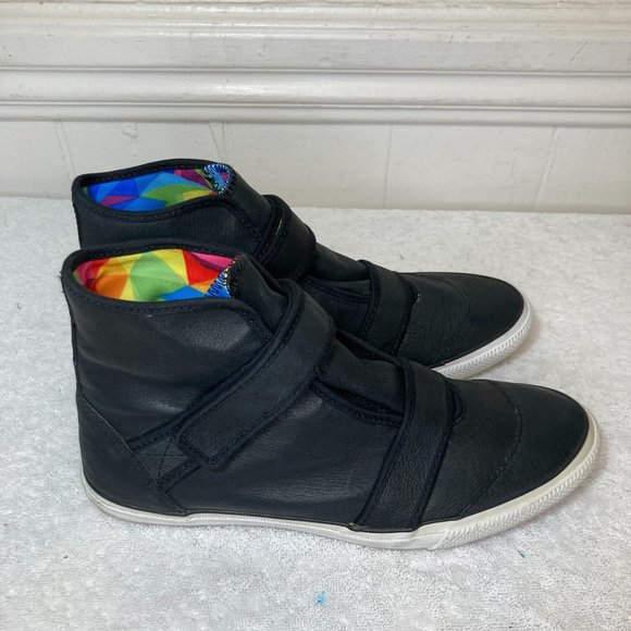 RARE Converse 7.5 MENS (9.5W) Black Leather Double Strap Hi Top Shoes Sneakers